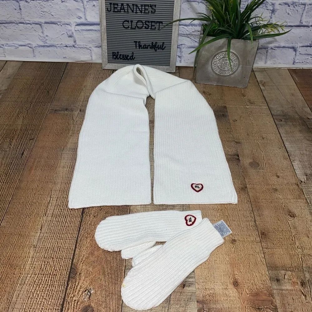Polo Ralph Lauren 100% Cotton White Scarf Red Heart Patch and mittens